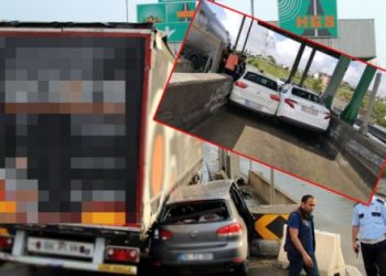 Düzce’de TIR ile otomobil TEM gişesinde sıkıştı