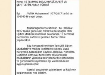 İzmir’de okul müdürlerine 15 Temmuz etkinlikleri talimatı