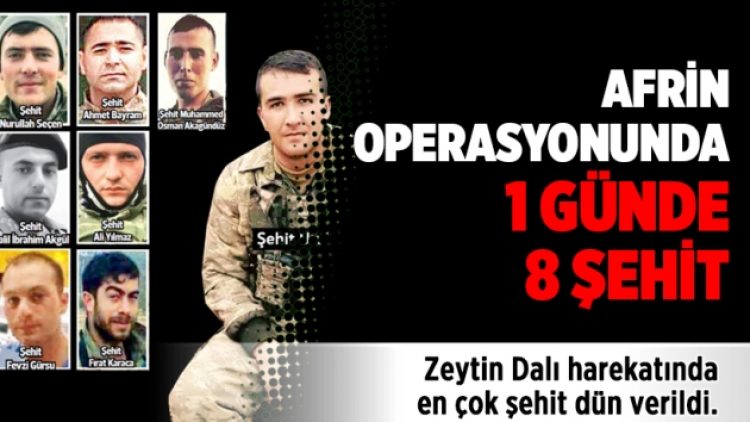Zeytin Dalı harekatında 15. günde 8 şehit