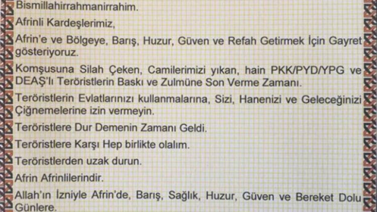 TSK, Afrin’e havadan bildiri attı: TRT Radyosu’nu dinleyin