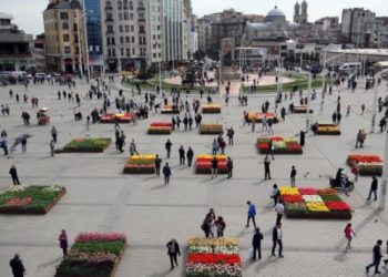 ​Beton üzerine konan saksılarda ‘yerli ve milli’ laleler Taksim’de