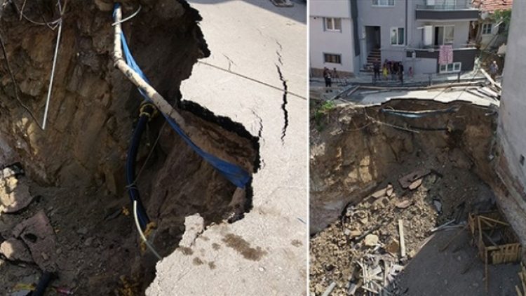 Çöküşlerde bugün: Bina inşaatının temel kazısında toprak kaydı, yol çöktü