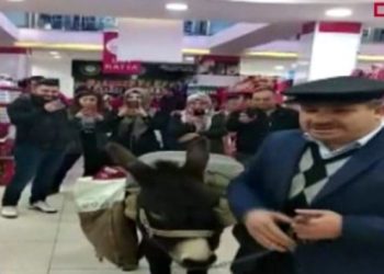 Ücretli poşeti protesto için markete eşekle girdi