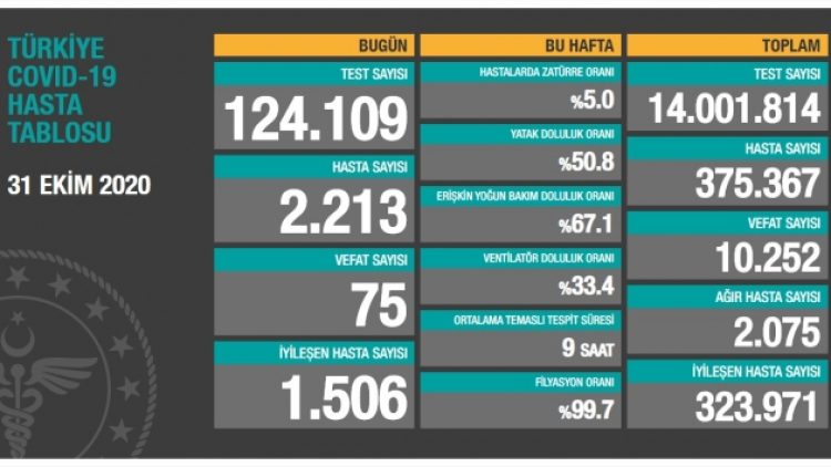 31 Ekim tablosu: 2 bin 213 yeni hasta, 75 vefat
