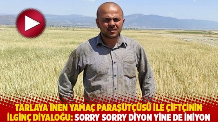 Tarlaya inen yamaç paraşütçüsü ile çiftçinin ilginç diyaloğu: Sorry sorry diyon yine de iniyon