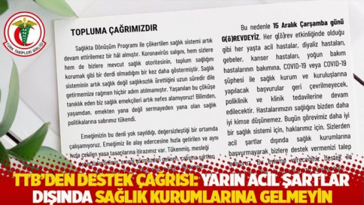 TTB’den destek çağrısı: Yarın acil şartlar dışında sağlık kurumlarına gelmeyin