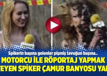 Motorcu ile röportaj yapmak isteyen spiker çamur banyosu yaptı