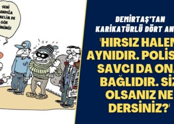 Demirtaş’tan karikatürlü dört anket: Yine gecedir, hırsız halen aynıdır. Polis de savcı da ona bağlıdır. Siz olsanız ne dersiniz?