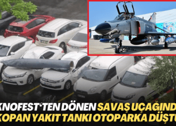 Teknofest’ten dönen savaş uçağından kopan yakıt tankı park halindeki araçların üzerine düştü