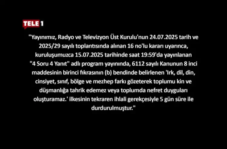 TELE1 karartıldı, 5 günlük yayın durdurma cezası başladı