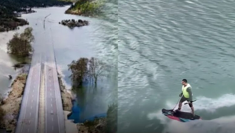 Göl yatağına yapılan otoyol sular altında: Konya Antalya yolunu araba yerine sörf yaparak geçti